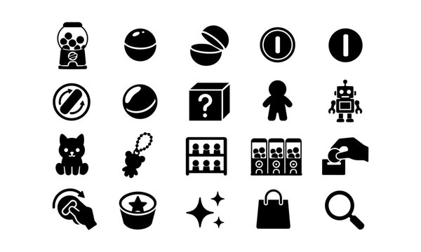 Japanese Gachapon Capsule Toy Machine Icon Set Black Silhouette Vector