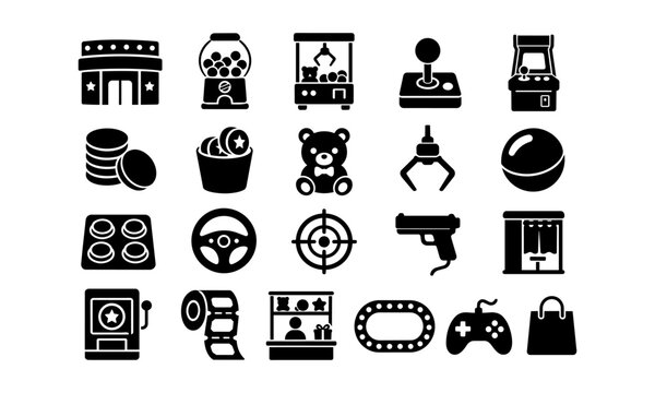 Japanese Arcade Game Center Icon Set With Gachapon Black Silhouette Vector