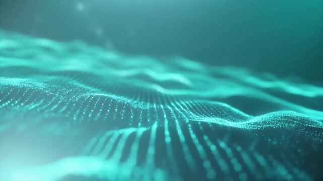 Abstract teal digital landscape glowing turquoise dots form flowing waves across a bright grid. now