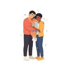 Fototapeta premium A loving family, two fathers and their child, embracing warmly.