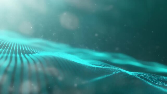 Abstract teal waveform with glowing lines and soft bokeh atmosphere, digital texture. Subtle depth.!