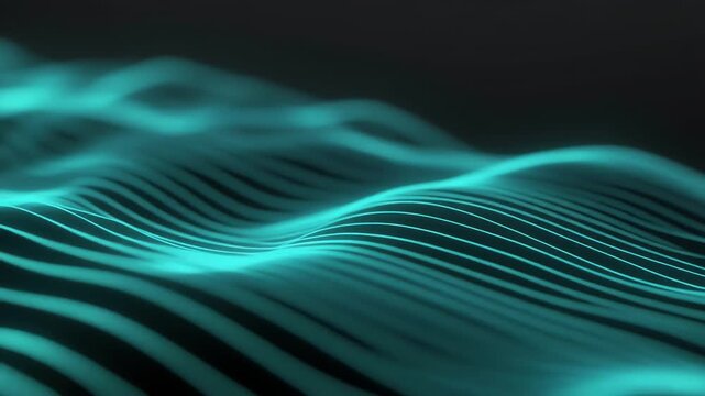 Abstract teal wave lines glide across a dark background, forming a fluid, luminous pattern. softglow