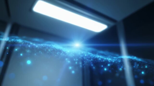 Abstract tech scene with blue neon glow, beams, and particles across a dim interior, soft focus now