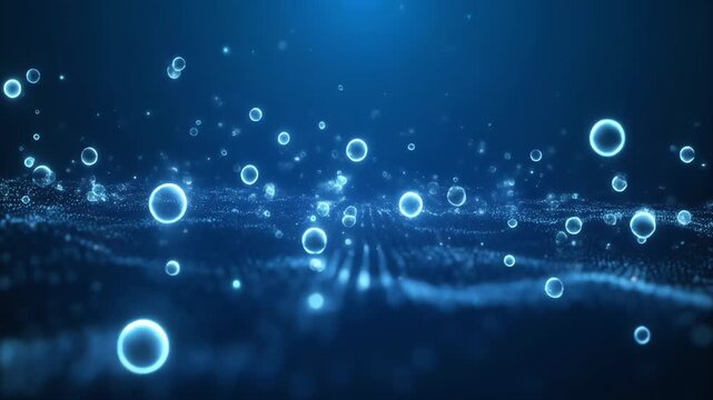 An abstract blue digital scene features a layered field of glowing loops, bubbles and orbs drifting above a dark textured plane;faint network lines weave a futuristic data atmosphere with soft depth