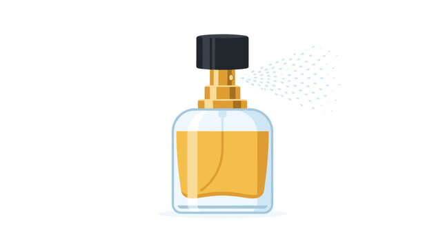 Perfume Spray: A glass perfume bottle with a black cap sprays a fine mist, showcasing the elegant golden liquid inside.