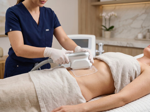 Cryolipolysis coolsculpting fat freezing procedure on woman's abdomen