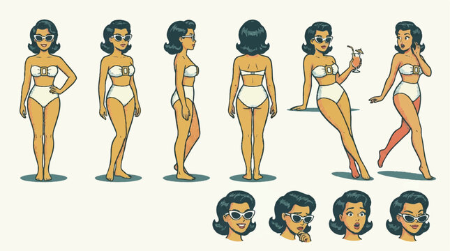 Poolside diva character in swimwear and sunglasses
