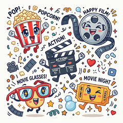 Obraz premium Film production elements with popcorn and clapperboard