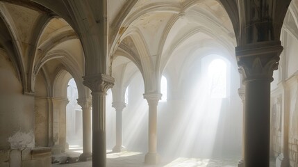 Obraz premium Sunlit Gothic Cloister Arches Bathed in Misty Morning Light Cascading Through Columns