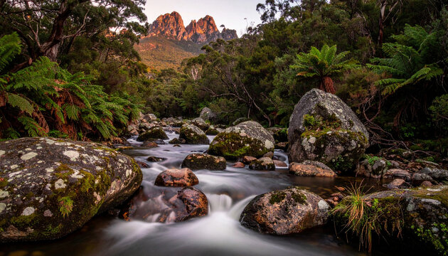 A breathtaking landscape view of Mount Ossa, the highest point in Tasmania, featuring a crystal clear flowing creek surrounded by lush ancient temperate rainforest and massive mossy boulders at sunris