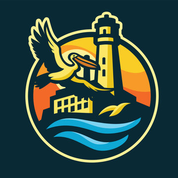 a lighthouse on a sunset sea with a pelican