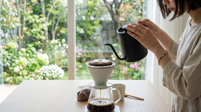 明るい窓辺でハンドドリップコーヒーを淹れる女性。おうちカフェや丁寧な暮らし、休日のリラックスタイムをイメージしたライフスタイル写真