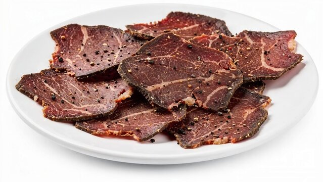 Thinly sliced beef jerky on a white ceramic plate