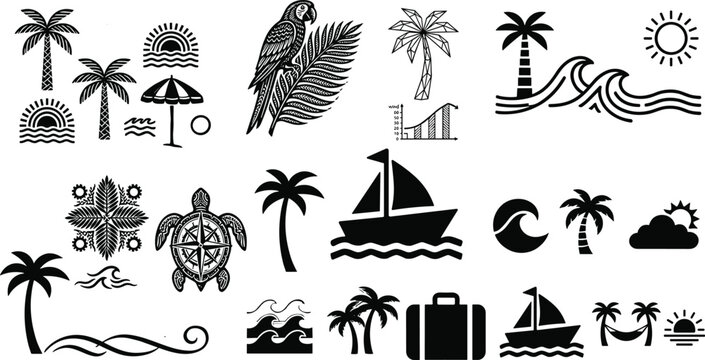 A comprehensive vector illustration set featuring tropical vacation icons, including palm trees, sailboats, sea turtles, suns, waves, and parrots for holiday designs.