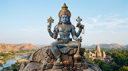 Fototapeta premium Statue of lord vishnu sitting on a rock overlooking a river and temple