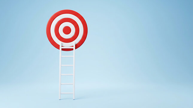 A ladder stands under a red target on a blue background with a clear goal