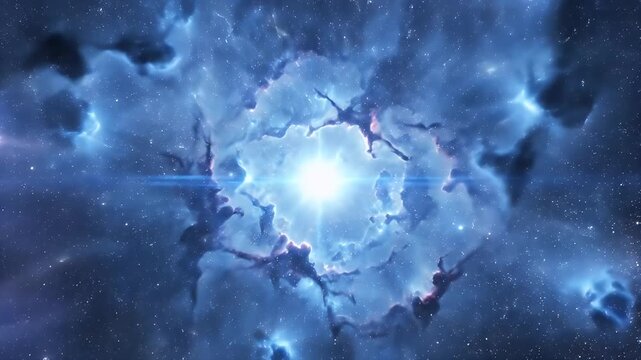 Radiant Space Burst with Central White Energy Explosion Amid Starry Galactic Background