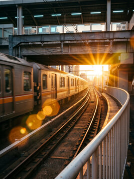 Commuter train on urban railway at sunset.
