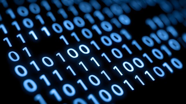 Abstract digital binary code data stream glowing blue on black background