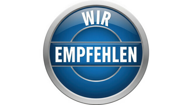 Blue circular button with the German word Empfehlen for recommendations isolated on transparent background
