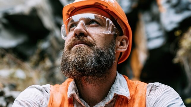 Bearded construction worker wearing orange hard hat and safety vest looking upward at worksite