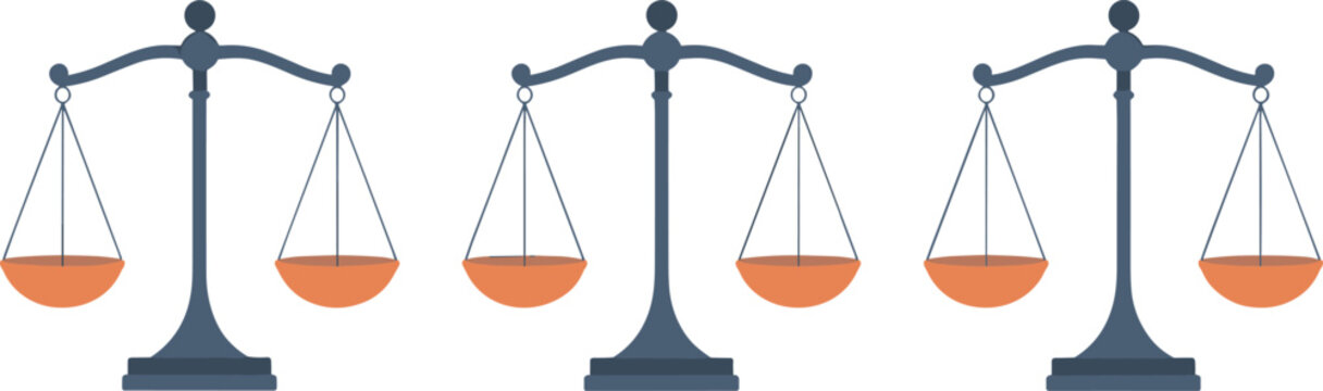 Flat vector illustration of three scales of justice representing law, legal equality, balance, honesty, and judicial system court elements