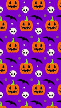 Spooky halloween pattern with skull, pumpkins, and bats on purple background