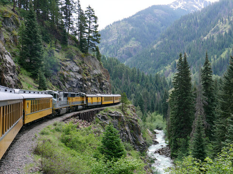 Historic Yellow Narrow Gauge Train Traveling Through Rocky Mountain Gorge Along River with Pine Trees