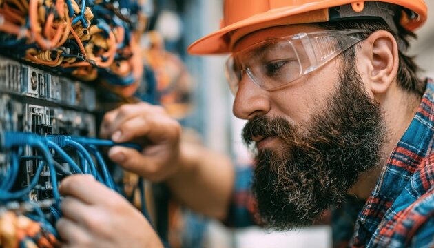 Bearded technician in orange hard hat managing server rack cables