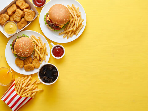 Fast food meal with burgers, fries, nuggets, and drinks on yellow background