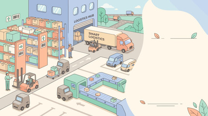 Fototapeta premium Soft Pastel Flat Vector Illustration of Smart Logistics Hub with AGV Robots, Forklifts, Conveyor System, Delivery Trucks, and Copy Space