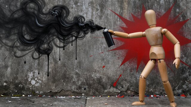 Wooden figure spray paints graffiti on rough concrete wall, black ink drips dramatically.