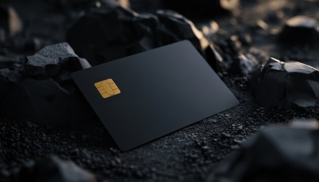 Black credit card with gold chip resting on dark textured rocks