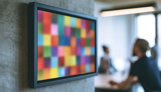 Black framed television screen displaying colorful mosaic pattern mounted on textured wall in office
