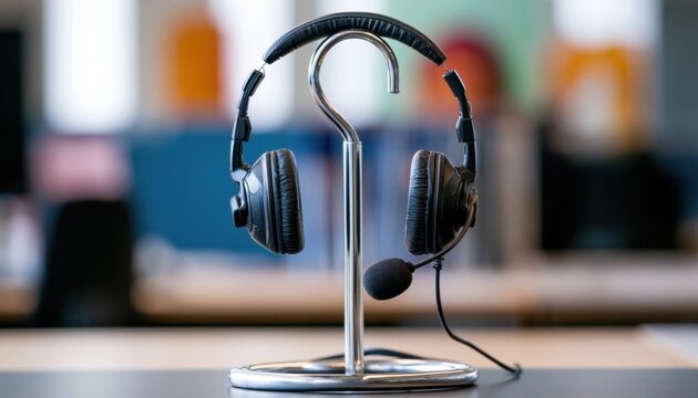 Black headset with microphone on a metallic stand in an office environment