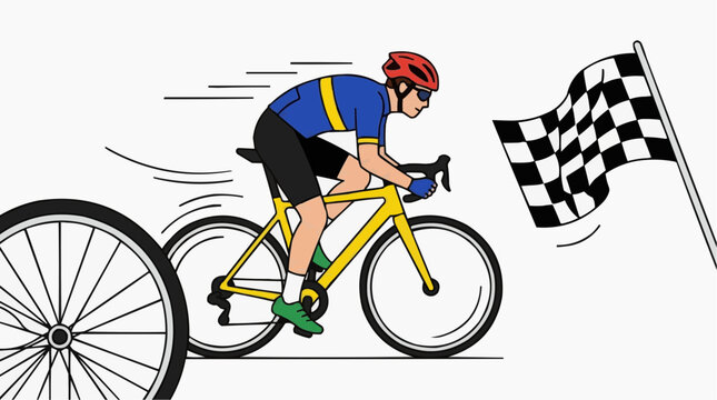 Cyclist racing towards the finish line with a checkered flag waving