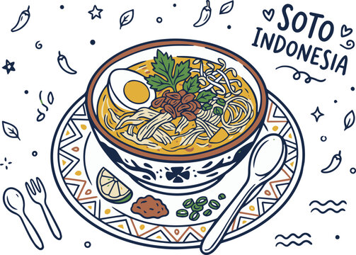 Indonesian Soto Soup Vector Illustration, Traditional Culinary Food Graphic