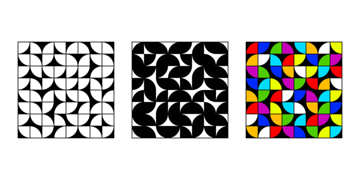 Abstract geometric pattern collection with semicircle shapes and colorful modular designs, ideal for wallpapers, textiles, packaging, and modern graphics.