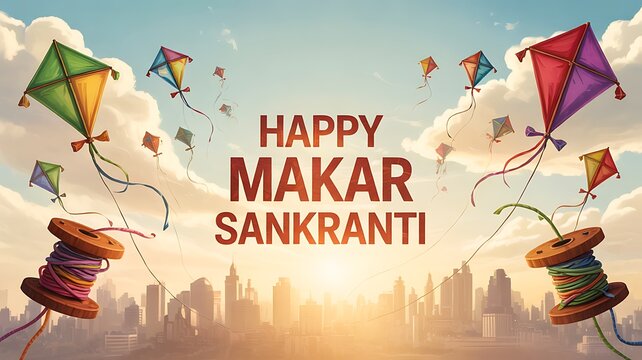 Happy Makar Sankranti Festival Greeting with Colorful Kites Traditional Indian Celebration Banner