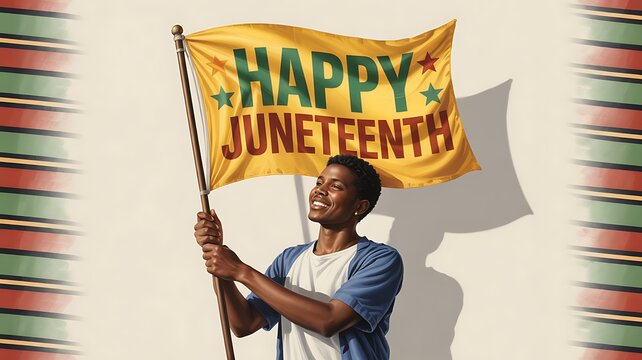 Happy Juneteenth Celebration Banner with African American Holding Flag Freedom Heritage Design