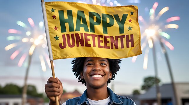 Happy Juneteenth Celebration Banner with African American Holding Flag Freedom Heritage Design