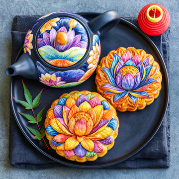 Colorful Mooncakes and Teapot on Dark Slate Flat Lay
