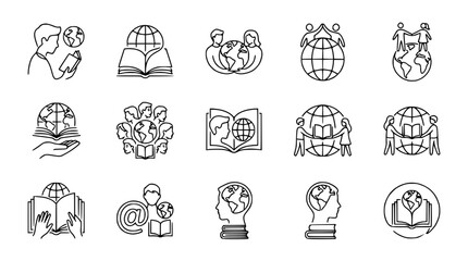 Fototapeta premium Global Education Icons: Learning, Reading, and International Collaboration Concepts