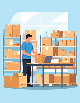 Man in blue shirt stacking cardboard boxes in warehouse.