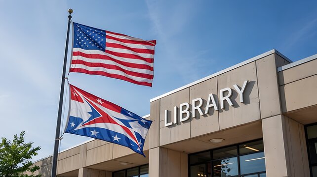American and British Flags Outside Public Library Building Education Culture and International Partnership