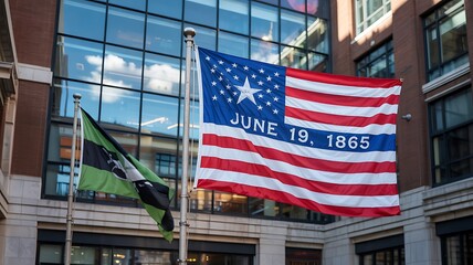 Juneteenth Freedom Day Flag Display with American Flag June 19 1865 Heritage Celebration Banner