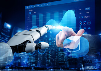 A visual representation of human and robot interaction showcasing advanced technology and data...