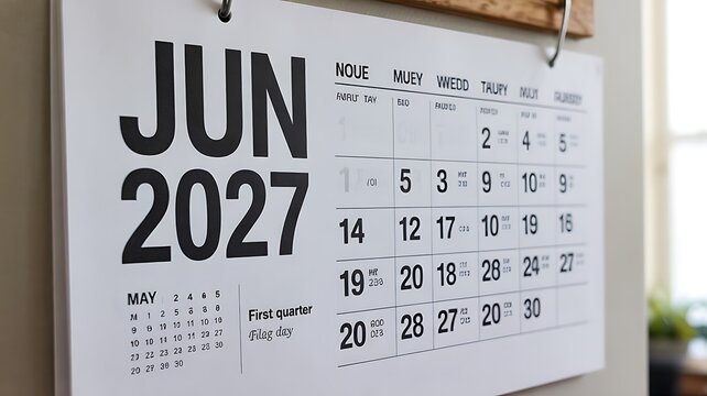 June 2027 Calendar Page Monthly Planner Schedule Organizer Date and Time Management Concept