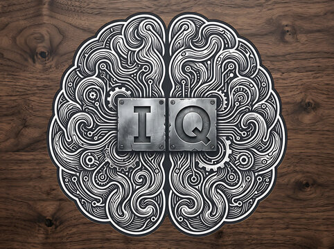 A brain with an iq sign on a wooden background with a circuit design