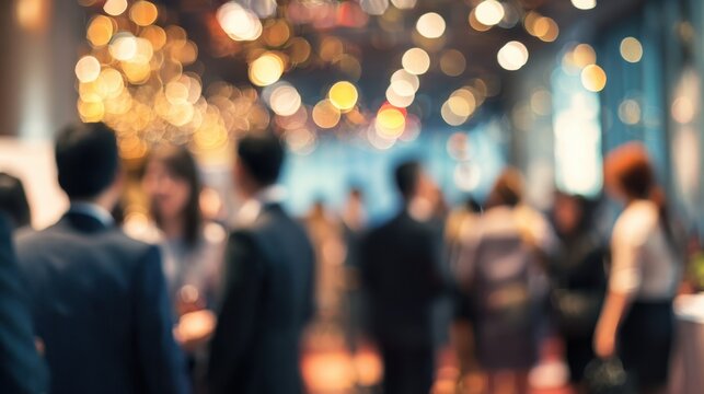 Blurred business networking event with bokeh lights and crowd
